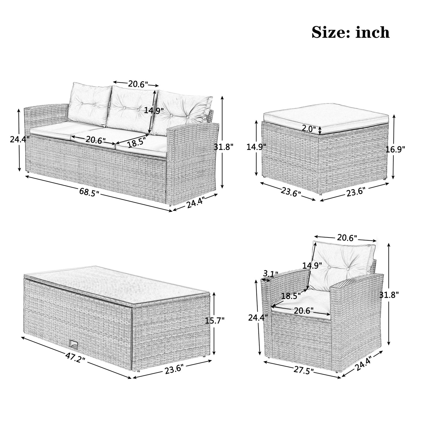 6-Piece Rattan Wicker Patio Set with Coffee Table and Cushions