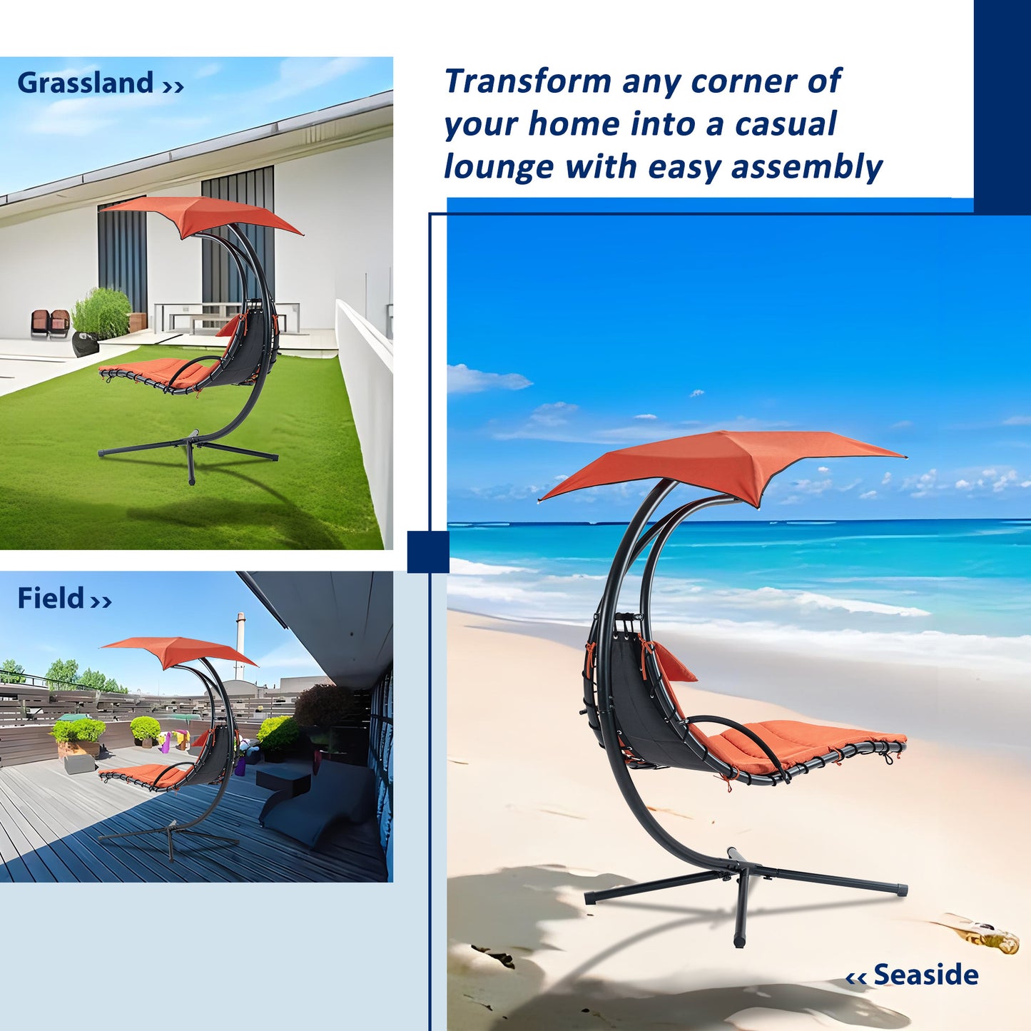 Hanging Chaise Lounger with Canopy and Pillow