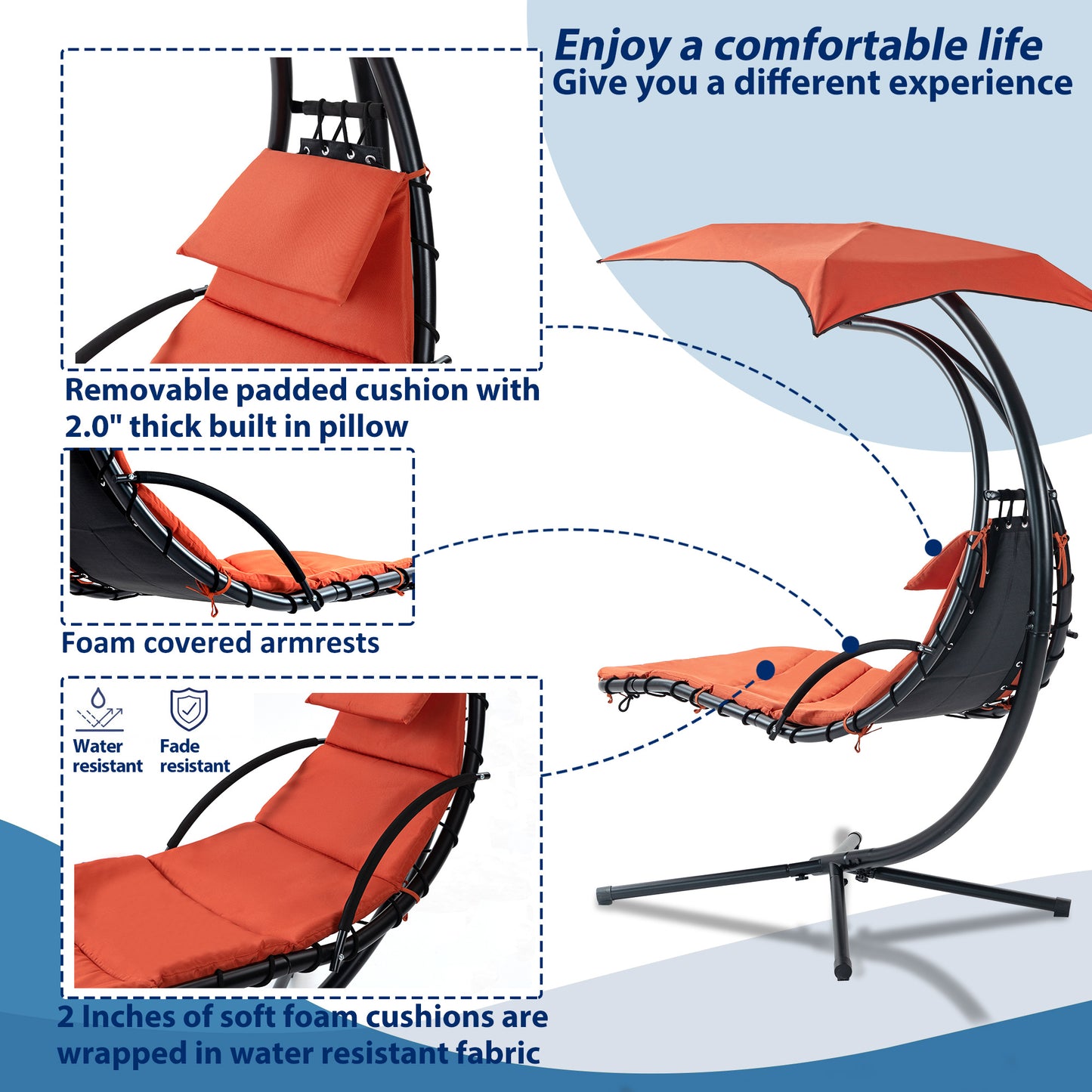 Hanging Chaise Lounger with Canopy and Pillow