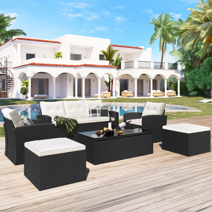 6-Piece Rattan Wicker Patio Set with Coffee Table and Cushions