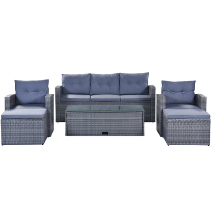 6-Piece Rattan Wicker Patio Set with Coffee Table and Cushions