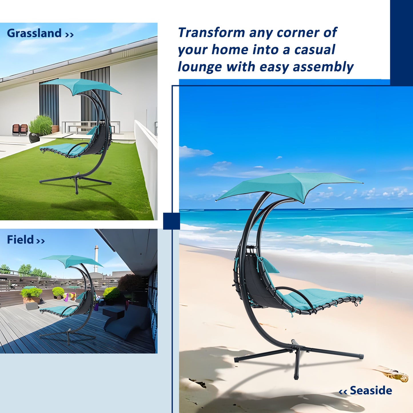 Hanging Chaise Lounger with Canopy and Pillow