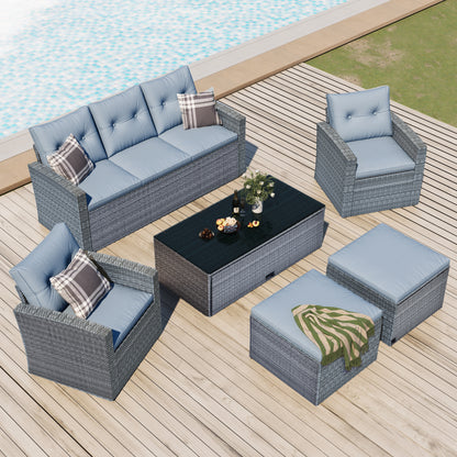 6-Piece Rattan Wicker Patio Set with Coffee Table and Cushions