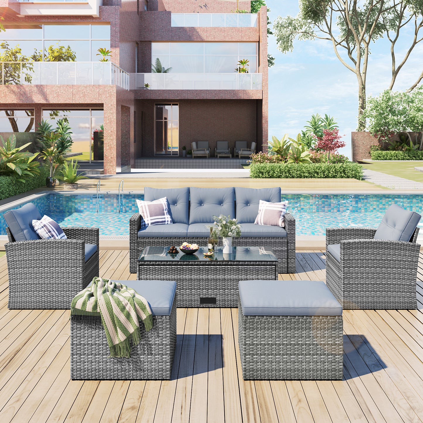 6-Piece Rattan Wicker Patio Set with Coffee Table and Cushions