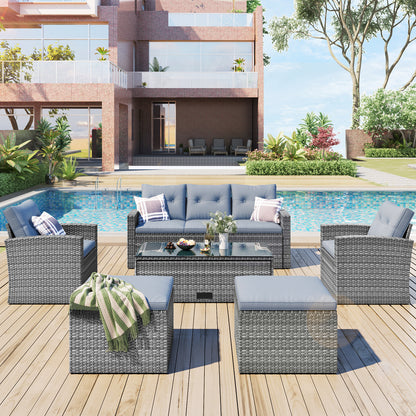 6-Piece Rattan Wicker Patio Set with Coffee Table and Cushions