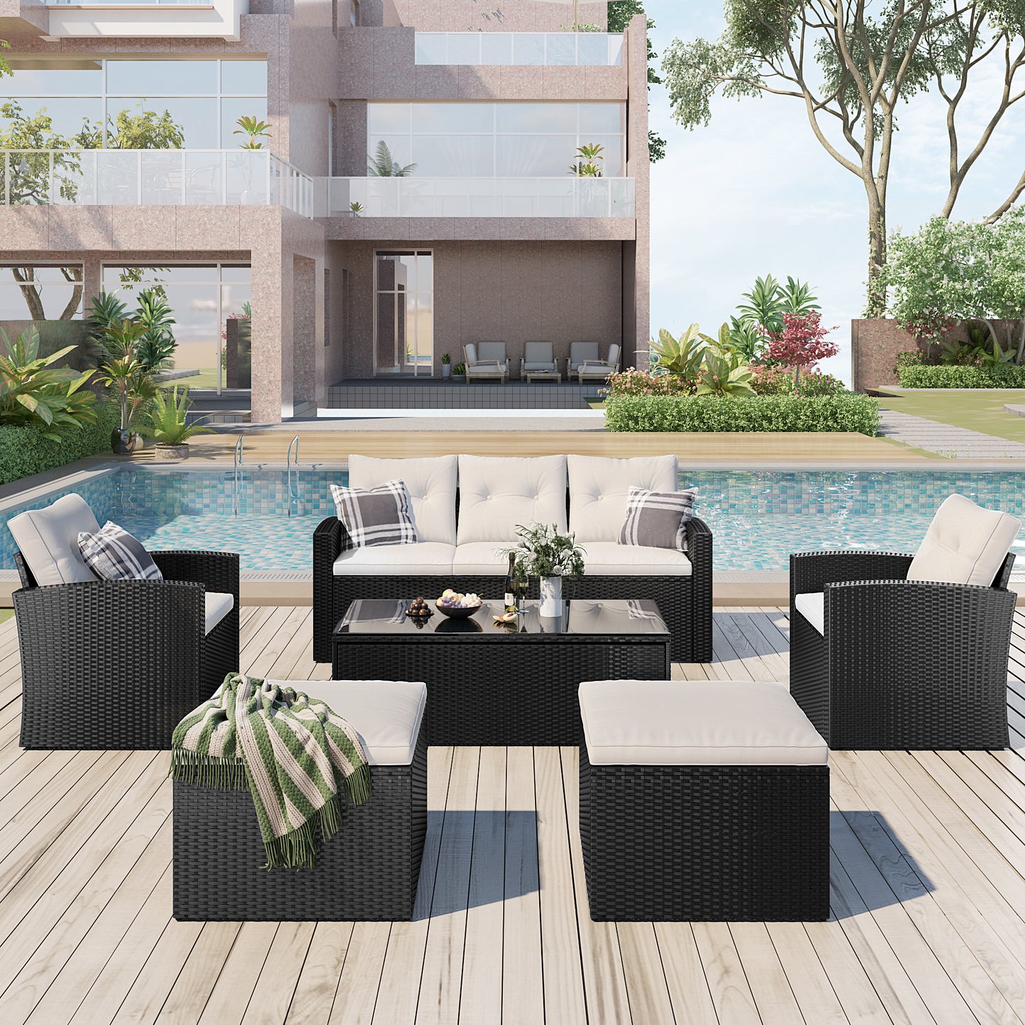 6-Piece Rattan Wicker Patio Set with Coffee Table and Cushions