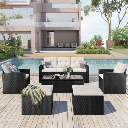 6-Piece Rattan Wicker Patio Set with Coffee Table and Cushions